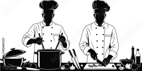 Pair of Chef Silhouettes Cooking and Preparing Food with Pots, Knives, and Ingredients, Depicting Professional Culinary Teamwork for Restaurant and Menu Design, Vector Illustration.