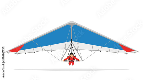 A person in a red suit hangs from a hang glider with blue and white wings