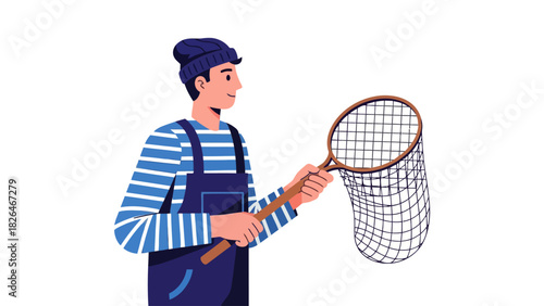 A person in overalls and a beanie holds a butterfly net