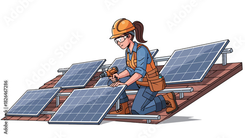 A person installs solar panels on a roof with a drill