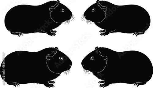 Set of Four Black Guinea Pig Silhouettes, Showing Cute Pet Rodents in Two Pairs Facing Each Other, Ideal for Animal Iconography, Veterinary Design, and Pet Care Graphics.