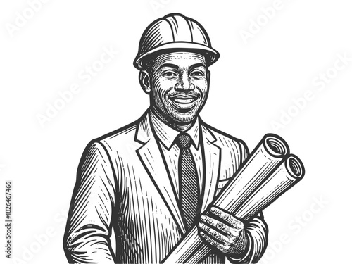 smiling male architect or engineer in a suit and helmet holding building plans sketch engraving generative ai fictional character vector illustration. Scratch board imitation. Black and white image.