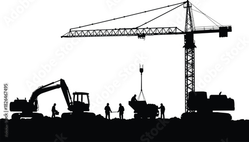 Silhouette of Heavy Construction Site with Tower Crane and Excavators, Workers Supervising Building Development, Industrial Machinery Moving Earth and Materials, Engineering