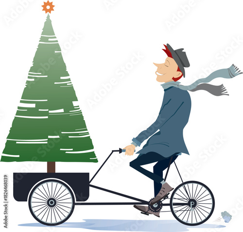 Christmas, New Year day. Man with fir rides bicycleew Year 1 man [Converted].eps