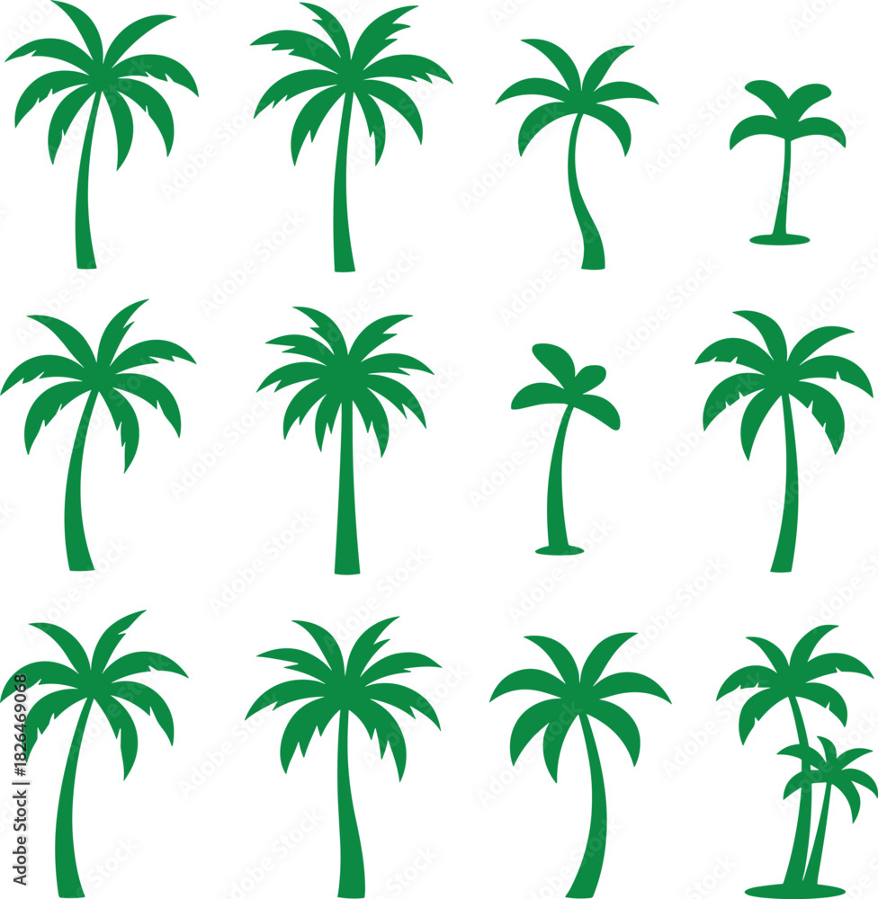 Obraz premium Tropical Palm Tree Vector Set Stylized Green Silhouette Trees, Beach Island Botanical Foliage & Minimal Summer Illustration Collection