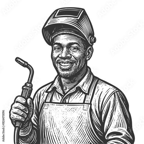 smiling man welder in overalls and helmet holding a welding torch, skilled trades and industry sketch engraving generative ai fictional character vector illustration. Scratch board. Black and white.