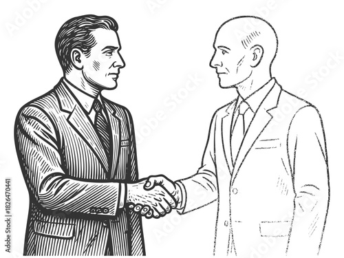 businessman shaking hands with a faint, ghostlike figure, symbolizing deals, uncertainty, or hidden forces sketch engraving generative ai vector illustration. Scratch board. Black and white image.