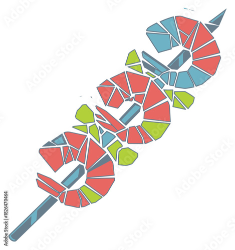 Abstract Geometric Shrimp Skewer Illustration with Colorful Mosaic Design