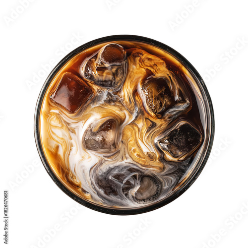 Overhead shot of iced coffee with ice cubes and milk isolated on transparent background, a refreshing summer beverage with a swirling pattern