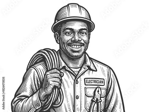 smiling male electrician wearing a hard hat and overalls, carrying coiled cable sketch engraving generative ai fictional character vector illustration. Scratch board imitation. Black and white image