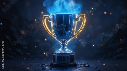 Gold winner trophy with falling confetti ribbons. First place trophy prize, champion award, best success achievement in sports competition. 4k video