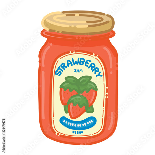 Colored cartoon line art vector illustration of a strawberry jam jar with a label and fruit accents. Clean outline, simple colors, isolated and editable for food packaging design