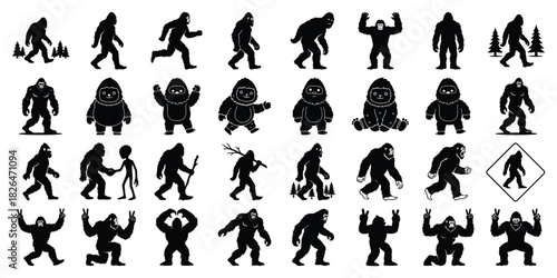 Bigfoot Yeti Vector Icons Set - Different Kinds of Bigfoot Sasquatch Silhouette Collection 