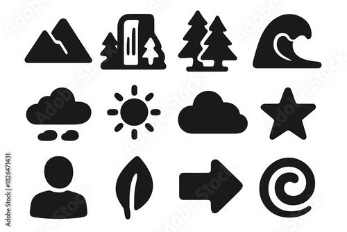 Nature Icons Collection. Solid style icons of awe-inspiring natural environments: mountain, waterfall, forest, ocean wave, sky,