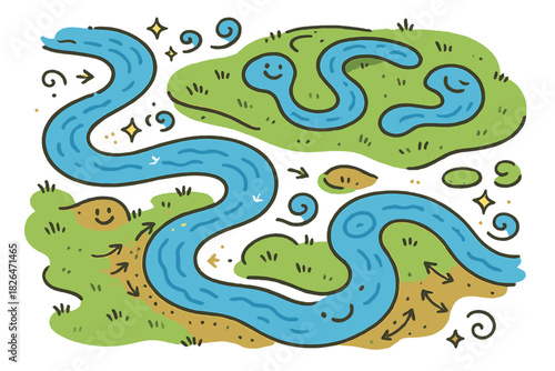 Cheerful River Dynamics. Magical doodle floodplain dynamics with cheerful rivers, cartoon oxbow lakes forming, smiling banks, and