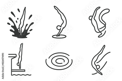 Diving Art Icons. Solid style icons of bacterial self-healing concrete: concrete infused with bacteria, bacterial activation