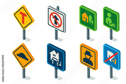 Vibrant Street Sign Icons. Isometric vector illustration set Street signs – dead end sign, no through traffic sign, private road