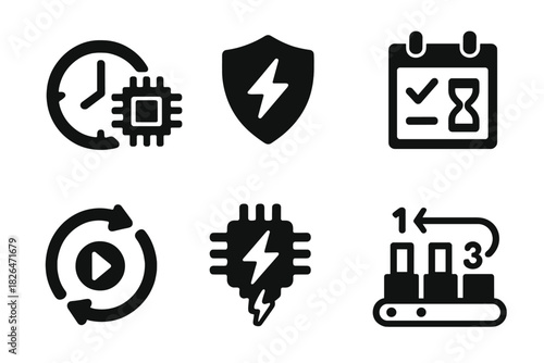 Real-Time Computing Icons. Solid style icons of real-time computing systems: real-time clock with processor, latency-critical