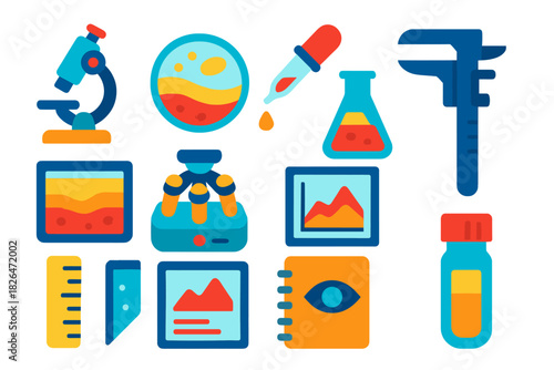Geoarchaeology Lab Tools Icons. Flat vector icons of laboratory tools for geoarchaeology: microscope, petri dish, pipette, lab
