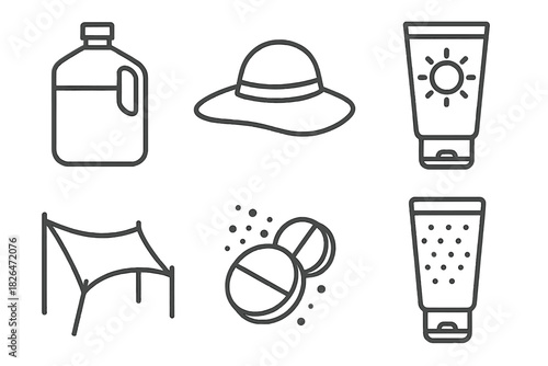 Summer Care Icons. Line style icons of heat and sun-related care: hydration jug, sunhat icon, sunscreen tube, shade tarp,