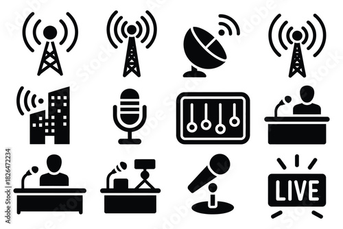 Broadcast station icons solid style, featuring radio tower, antenna mast, satellite dish, and transmitter waves, ideal for media communication technology interfaces