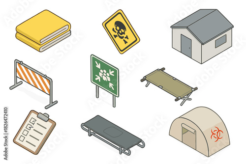 Disaster Relief Supplies. Isometric vector illustration set of Disaster relief: thermal shelter blanket, chemical hazard label,