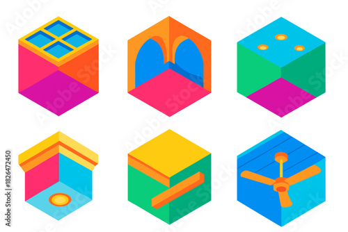 Ceiling Designs Showcase. Isometric vector illustration set Interiors – coffered ceiling, vaulted ceiling, flat ceiling; coving