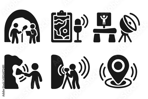 Archaeoacoustic Research Icons. Solid style icons of archaeoacoustic field research: cave testing crews, sound mapping, ritual
