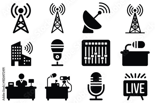 Broadcast station icons solid style, featuring radio tower, antenna mast, satellite dish, and transmitter waves, ideal for media communication technology interfaces