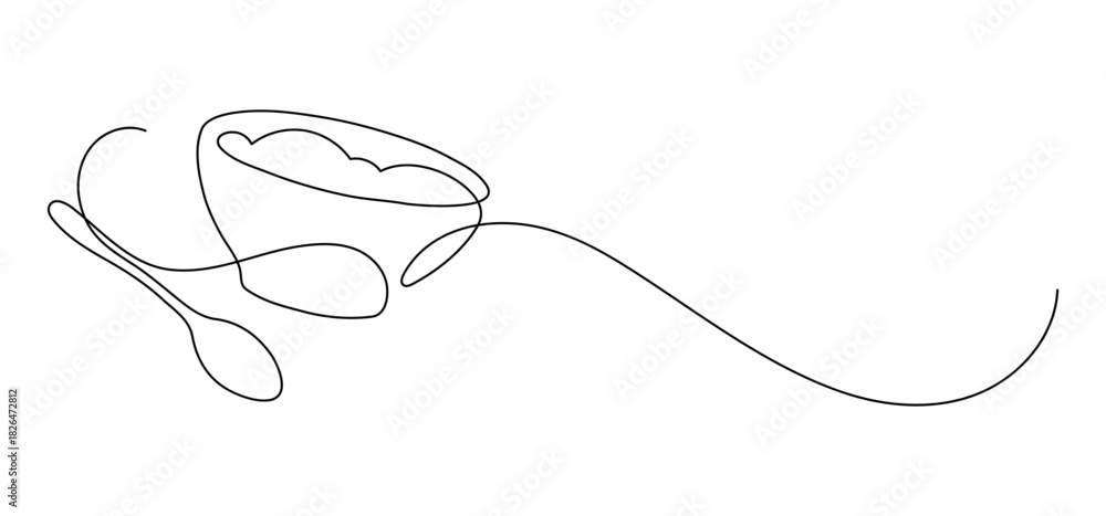 Obraz premium Bowl of rice, oatmeal porridge, cereal with spoon. Continuous line drawing.