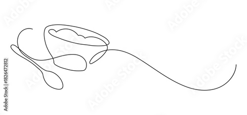 Bowl of rice, oatmeal porridge, cereal with spoon. Continuous line drawing.