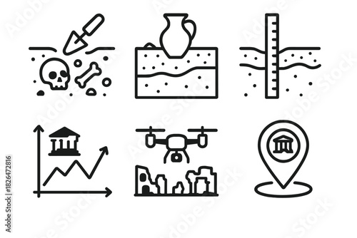 Disaster Archaeology Icons. Line style icons of Disaster Archaeology: forensic excavation icon, artifact in situ icon, trench