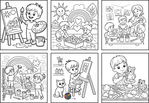 Cute artist drawing picture coloring page bundle for kids, black line art vector illustration doodle set 