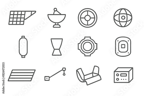Spacecraft Parts Icons. Line style icons of spacecraft parts: solar array, antenna, reaction wheel, gyroscope; propellant tank,