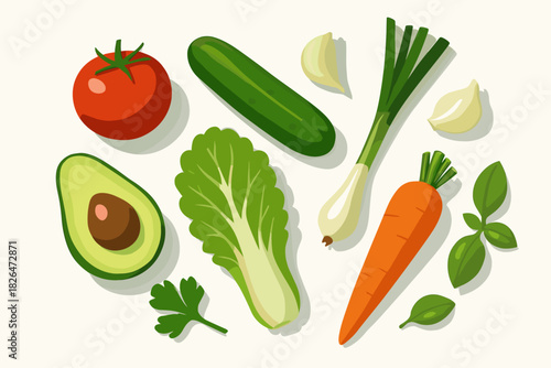 Fresh Produce Layout. Minimalist flat-lay of fresh vegetables and herbs arranged on a clean white background, illuminated by soft