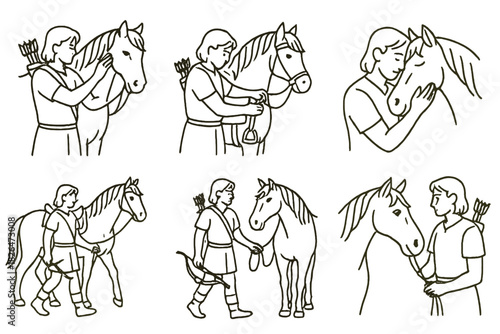 Archer and Horse Bonds. Line style icons of diving-inspired art: splash silhouette painting, fluid dive sculpture, airborne twist