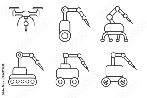 Mobile Tattoo Robots. Line style icons of mobile tattoo robots: tattoo drone system, rolling ink bot, autonomous tattoo crawler,