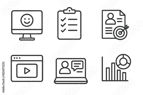 CBE Onboarding Icons. Line style icons of onboarding to CBE system: welcome to CBE screen, orientation checklist, goal-setting