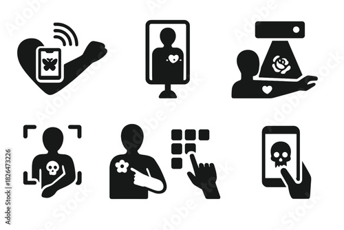 Tattoo Tech Icons. Line style icons of eco benefits of solar vehicles: zero emission badge, sun over green leaf, clean energy