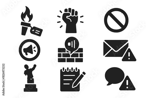 Rebellion Icons Collection. Solid style icons of historic rebellion symbols: torch + tag glyph, strike era icon, banned phrase