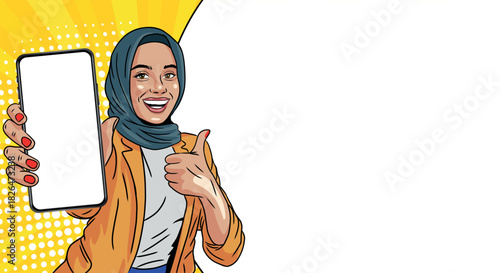 A beautiful Muslim woman wearing a hijab, smiling with a phone and a blank banner, pop art style