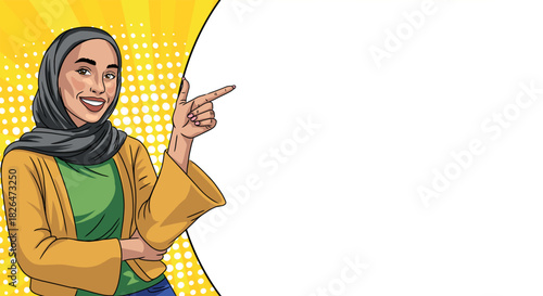 A beautiful Muslim woman wearing a hijab, in pop art style, points to the side with a blank banner. Comic-style pop art.