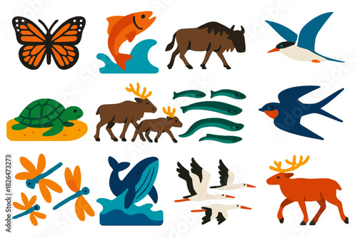 Migratory Instincts Icons. Flat vector icons of migratory instincts: monarch butterfly, salmon jumping upstream, wildebeest herd,