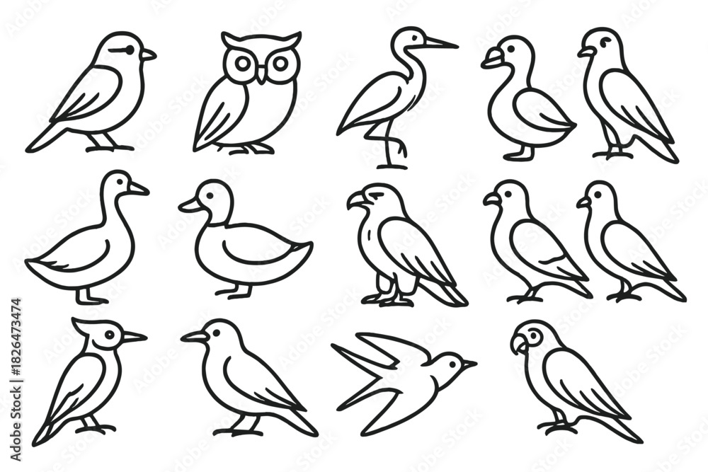 Fototapeta premium Line Style Avian Icons. Line style icons of avian species: sparrow, owl, heron, hawk; goose, duck, eagle, pigeon; woodpecker, crow