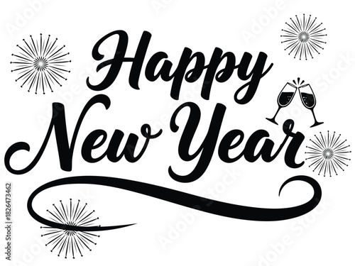 Happy New Year text with clinking champagne glasses and fireworks on white background Keywords: new year, happy new year, celebration, holiday, greeting, text, Christmas