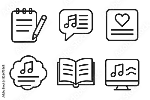 Lyric Therapy Icons. Line style icons of lyric-based music therapy: lyric writing pad, song analysis bubble, favorite verse icon,