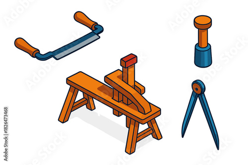 Cooper's Workshop Tools. Isometric vector illustration set Cooper’s Workshop Tools: Shaving knife, draw horse bench, hoop driver,