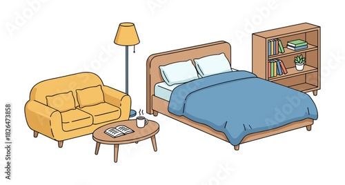 Cozy bedroom and living room interior design concept