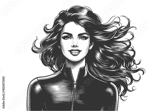 woman with wavy hair and zipped leather outfit sketch engraving generative ai fictional character vector illustration. Scratch board imitation. Black and white image.