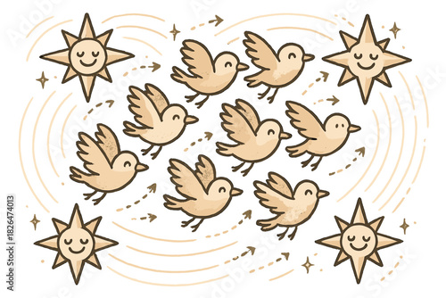 Happy Bird Migration. Cheerful doodle migratory flock scene with happy birds, cartoon compass stars smiling, magnetic lines gently